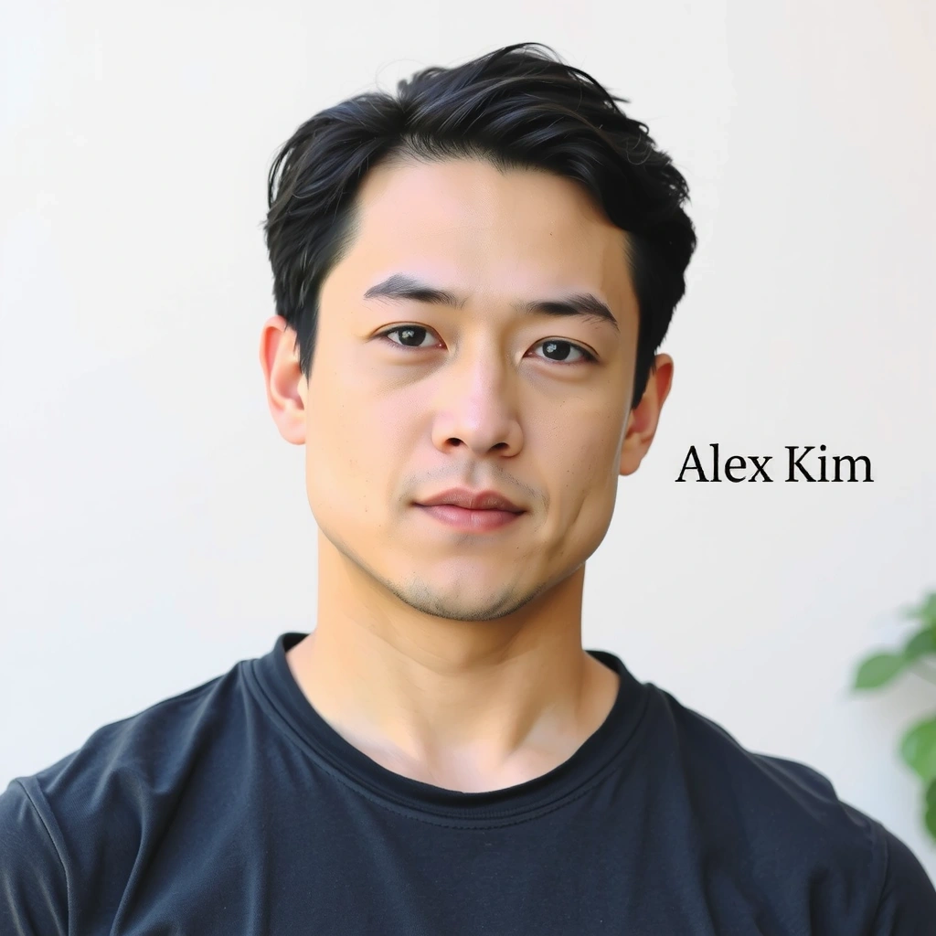 Professional portrait of a yoga instructor named Alex Kim, with a thoughtful and calm expression.