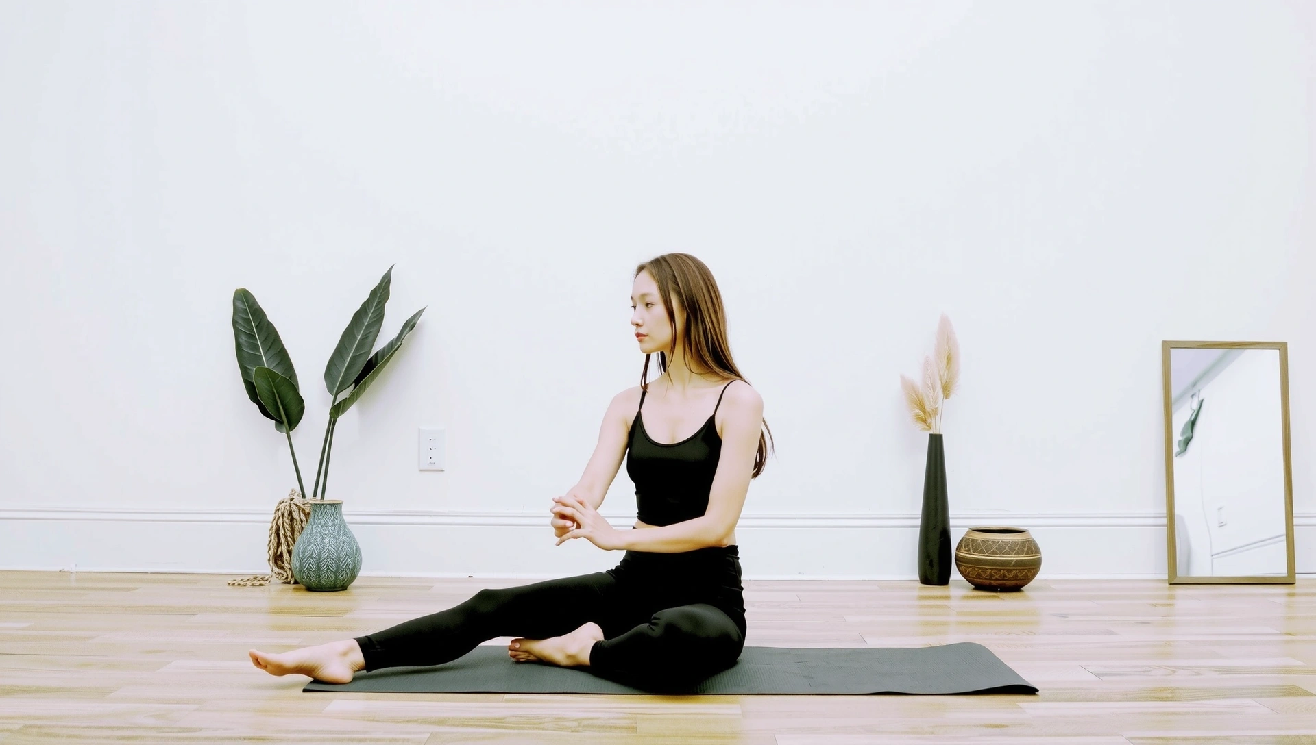 A serene yoga pose in a minimalist setting with soft lighting