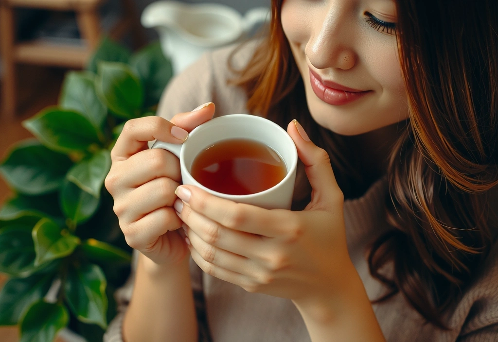 Woman practicing mindfulness while drinking tea